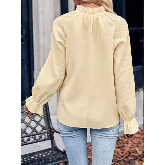 Elasticity Ruffled Solid Color Long Sleeves Ruffle Sleeves Mock Neck T-Shirts Tops