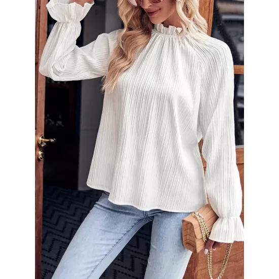 Elasticity Ruffled Solid Color Long Sleeves Ruffle Sleeves Mock Neck T-Shirts Tops