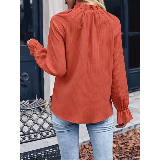 Elasticity Ruffled Solid Color Long Sleeves Ruffle Sleeves Mock Neck T-Shirts Tops