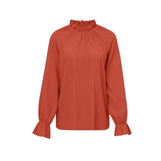 Elasticity Ruffled Solid Color Long Sleeves Ruffle Sleeves Mock Neck T-Shirts Tops