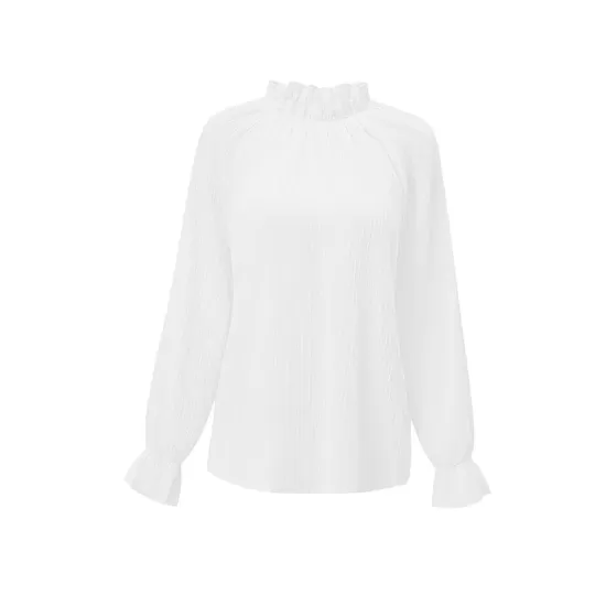 Elasticity Ruffled Solid Color Long Sleeves Ruffle Sleeves Mock Neck T-Shirts Tops