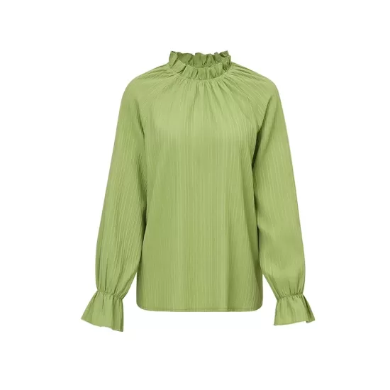 Elasticity Ruffled Solid Color Long Sleeves Ruffle Sleeves Mock Neck T-Shirts Tops