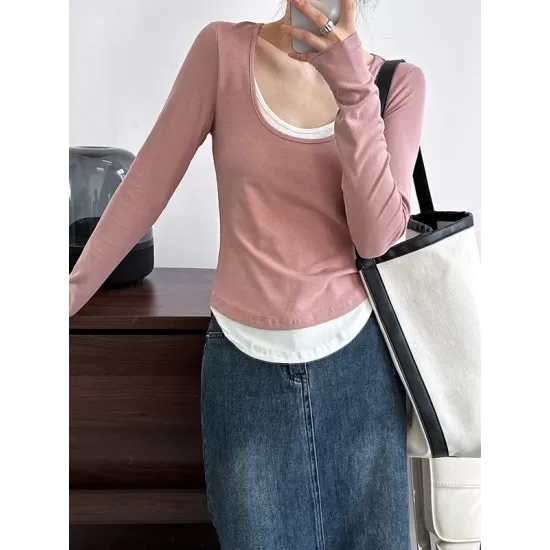 Contrast Color False Two Long Sleeves Round-Neck T-Shirts Tops