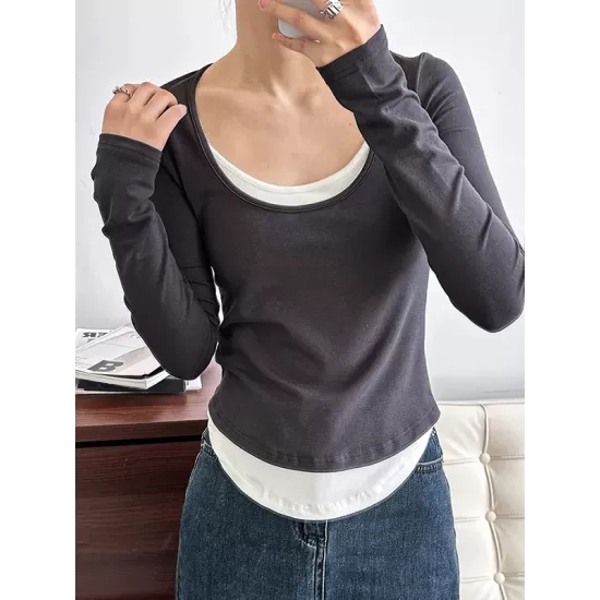 Contrast Color False Two Long Sleeves Round-Neck T-Shirts Tops