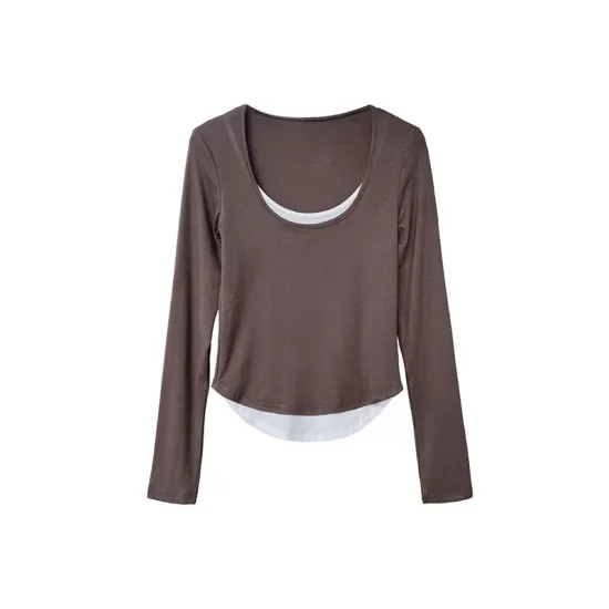 Contrast Color False Two Long Sleeves Round-Neck T-Shirts Tops