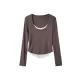 Contrast Color False Two Long Sleeves Round-Neck T-Shirts Tops