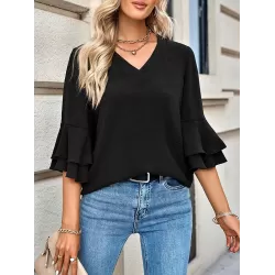 Solid Color Half Sleeves Loose V-Neck T-Shirts Tops