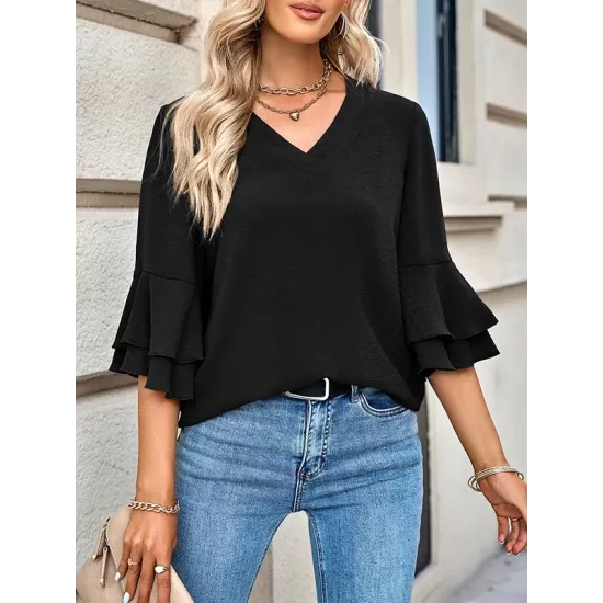 Solid Color Half Sleeves Loose V-Neck T-Shirts Tops