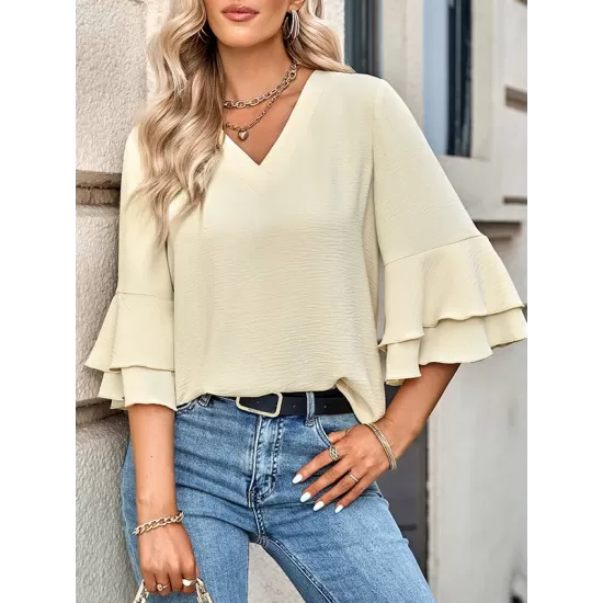 Solid Color Half Sleeves Loose V-Neck T-Shirts Tops