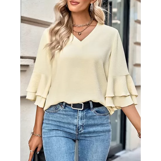 Solid Color Half Sleeves Loose V-Neck T-Shirts Tops