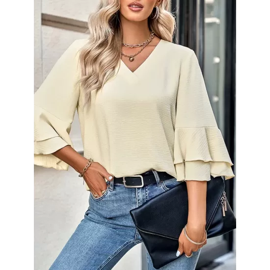 Solid Color Half Sleeves Loose V-Neck T-Shirts Tops