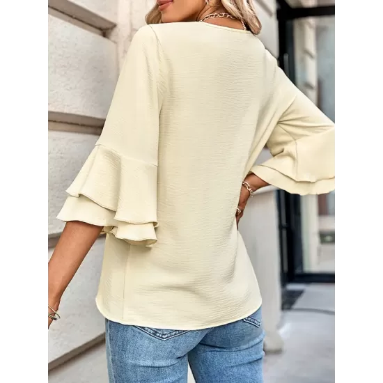 Solid Color Half Sleeves Loose V-Neck T-Shirts Tops