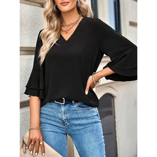 Solid Color Half Sleeves Loose V-Neck T-Shirts Tops