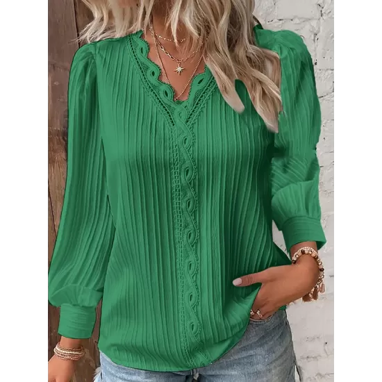 Hollow Solid Color Long Sleeves Loose V-Neck T-Shirts