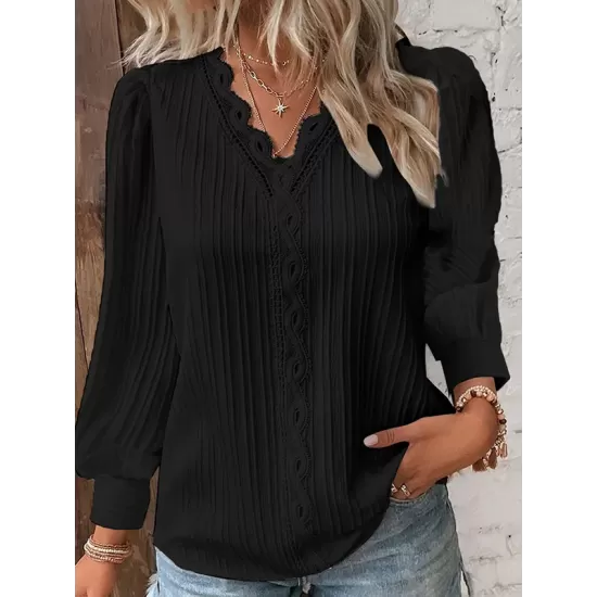 Hollow Solid Color Long Sleeves Loose V-Neck T-Shirts