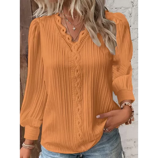 Hollow Solid Color Long Sleeves Loose V-Neck T-Shirts