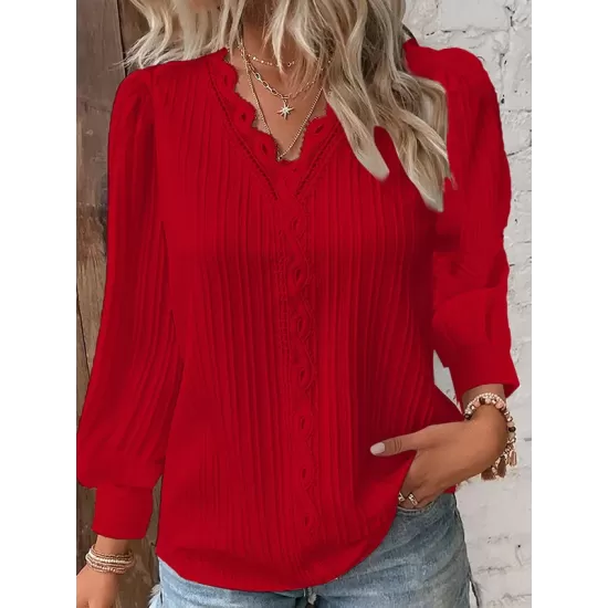 Hollow Solid Color Long Sleeves Loose V-Neck T-Shirts