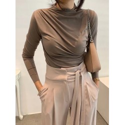 Pleated Solid Color Long Sleeves Skinny Mock Neck T-Shirts Tops