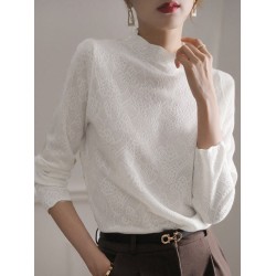 Hollow Jacquard Solid Color Long Sleeves T-Shirts Tops Knitwear