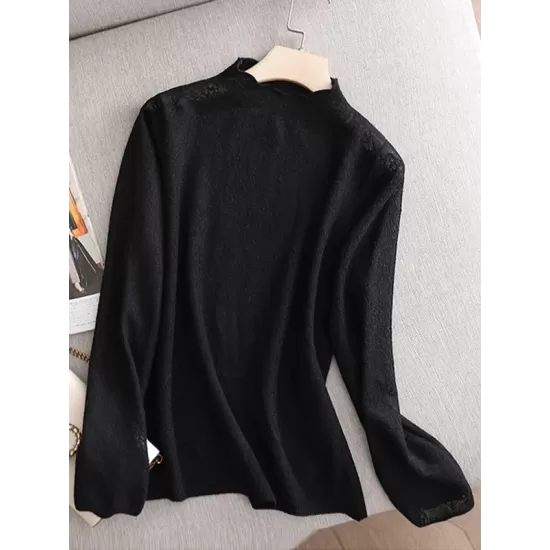 Hollow Jacquard Solid Color Long Sleeves T-Shirts Tops Knitwear