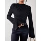 Flared Sleeves Long Sleeves Pleated Solid Color Boat Neck Skinny T-Shirts