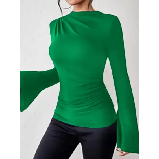 Flared Sleeves Long Sleeves Pleated Solid Color Boat Neck Skinny T-Shirts