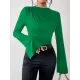 Flared Sleeves Long Sleeves Pleated Solid Color Boat Neck Skinny T-Shirts