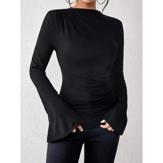 Flared Sleeves Long Sleeves Pleated Solid Color Boat Neck Skinny T-Shirts