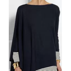 Batwing Sleeves Long Sleeves Split-Joint Striped Round-Neck T-Shirts