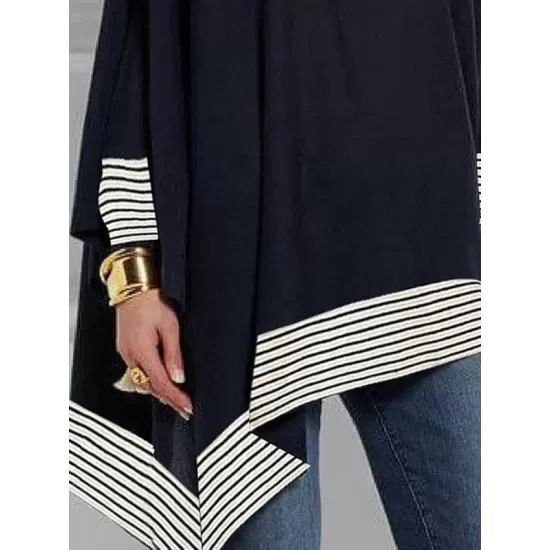 Batwing Sleeves Long Sleeves Split-Joint Striped Round-Neck T-Shirts