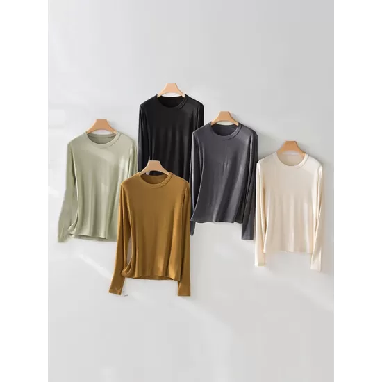 Solid Color Long Sleeves Round-neck Skinny T-Shirts Tops