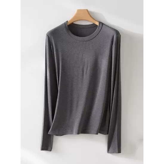 Solid Color Long Sleeves Round-neck Skinny T-Shirts Tops