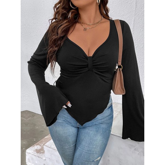 Pleated Solid Color Flared Sleeves Long Sleeves Deep V-Neck T-Shirts Tops