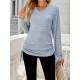 Drawstring Solid Color Tied Long Sleeves Loose V-Neck T-Shirts Tops