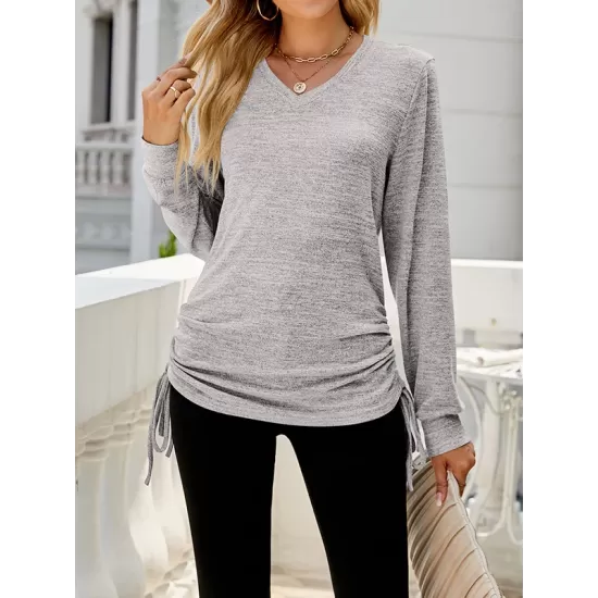 Drawstring Solid Color Tied Long Sleeves Loose V-Neck T-Shirts Tops