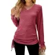 Drawstring Solid Color Tied Long Sleeves Loose V-Neck T-Shirts Tops