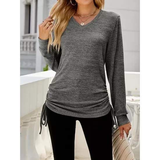 Drawstring Solid Color Tied Long Sleeves Loose V-Neck T-Shirts Tops