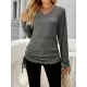 Drawstring Solid Color Tied Long Sleeves Loose V-Neck T-Shirts Tops