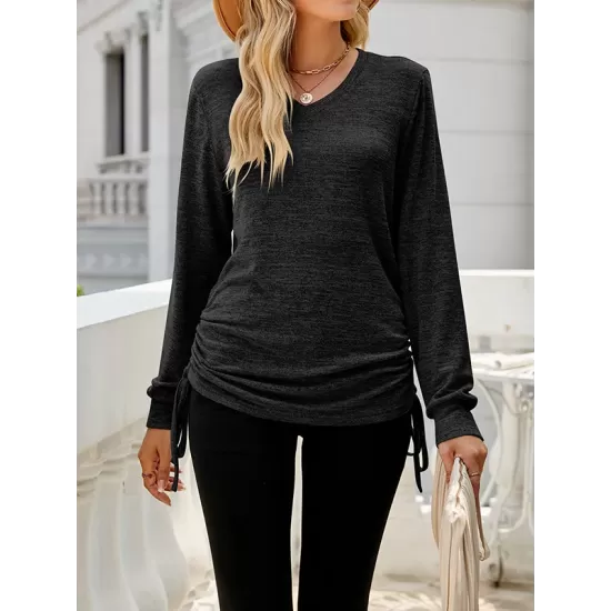 Drawstring Solid Color Tied Long Sleeves Loose V-Neck T-Shirts Tops