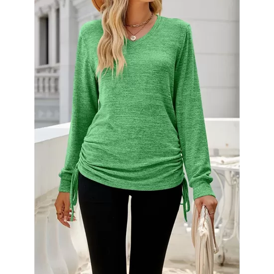 Drawstring Solid Color Tied Long Sleeves Loose V-Neck T-Shirts Tops