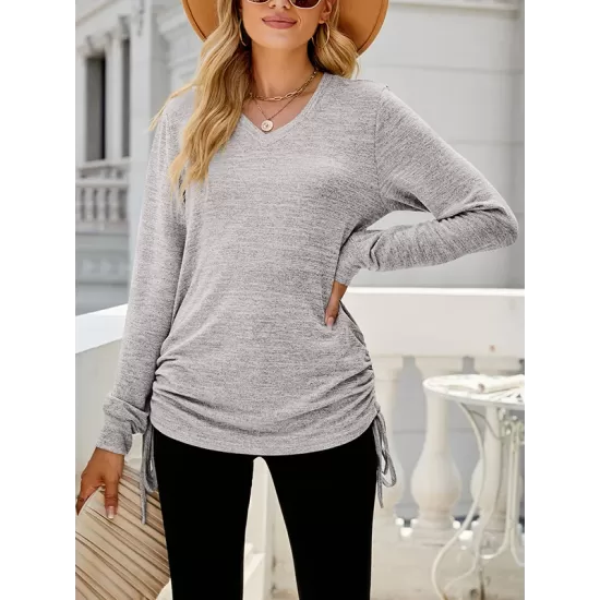 Drawstring Solid Color Tied Long Sleeves Loose V-Neck T-Shirts Tops