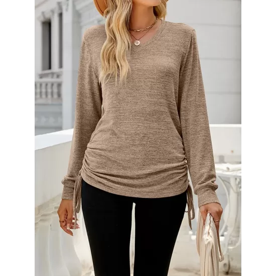 Drawstring Solid Color Tied Long Sleeves Loose V-Neck T-Shirts Tops