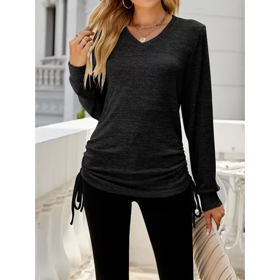 Drawstring Solid Color Tied Long Sleeves Loose V-Neck T-Shirts Tops