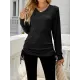 Drawstring Solid Color Tied Long Sleeves Loose V-Neck T-Shirts Tops