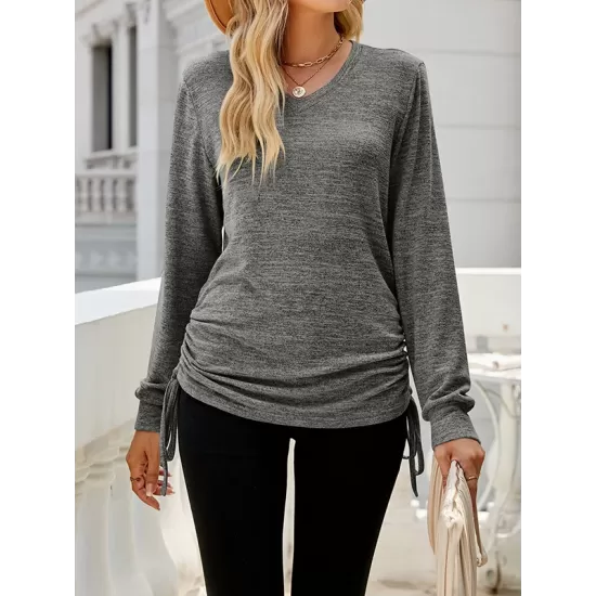 Drawstring Solid Color Tied Long Sleeves Loose V-Neck T-Shirts Tops