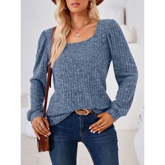 Solid Color Long Sleeves Loose Square-Neck T-Shirts Tops