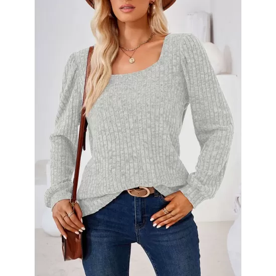 Solid Color Long Sleeves Loose Square-Neck T-Shirts Tops