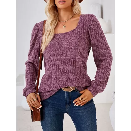 Solid Color Long Sleeves Loose Square-Neck T-Shirts Tops