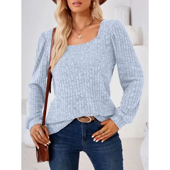 Solid Color Long Sleeves Loose Square-Neck T-Shirts Tops