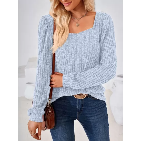 Solid Color Long Sleeves Loose Square-Neck T-Shirts Tops